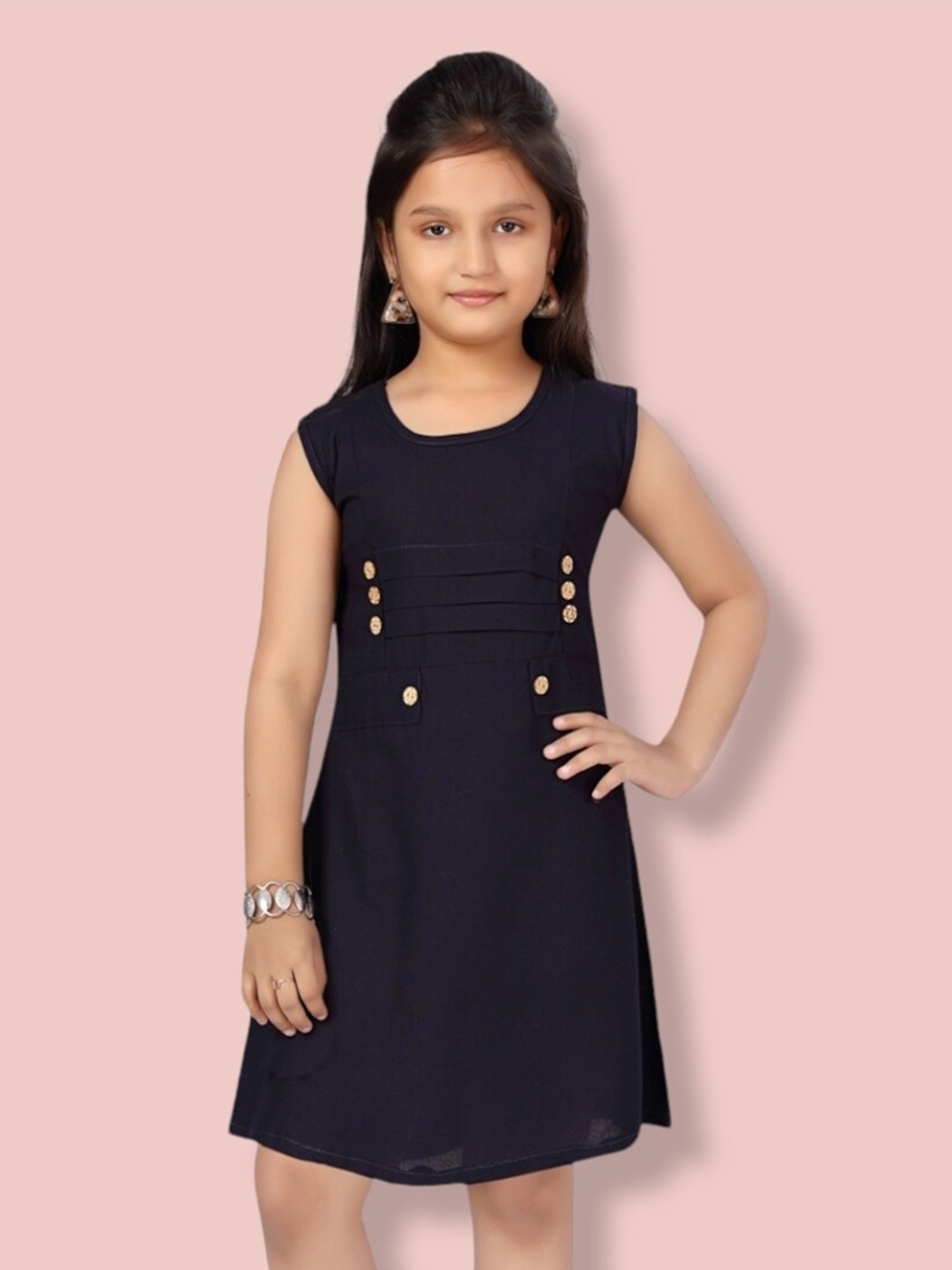 

Aarika Pleated Detailed Sleeveless Cotton A-Line Dress, Navy blue