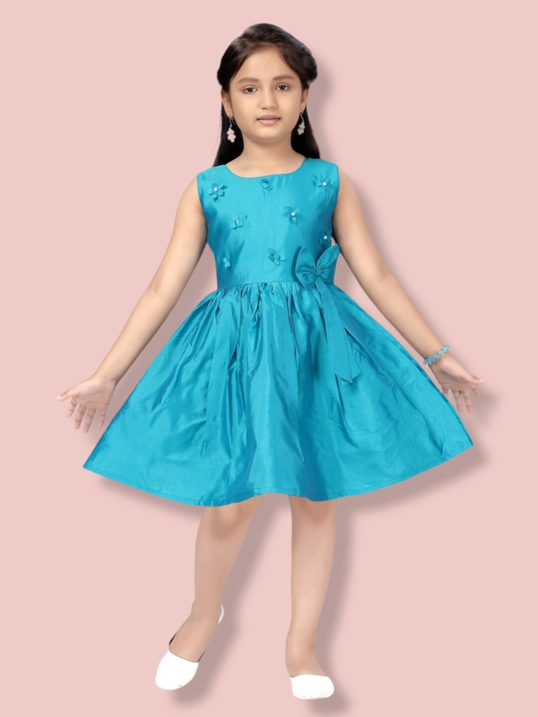 

Aarika Girls Self Design Fit And Flare Silk Dress, Turquoise blue
