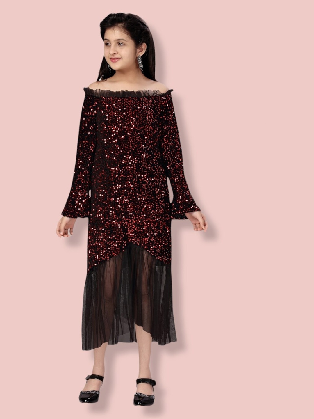 

Aarika Sequined Off-Shoulder A-Line Midi Dress, Maroon