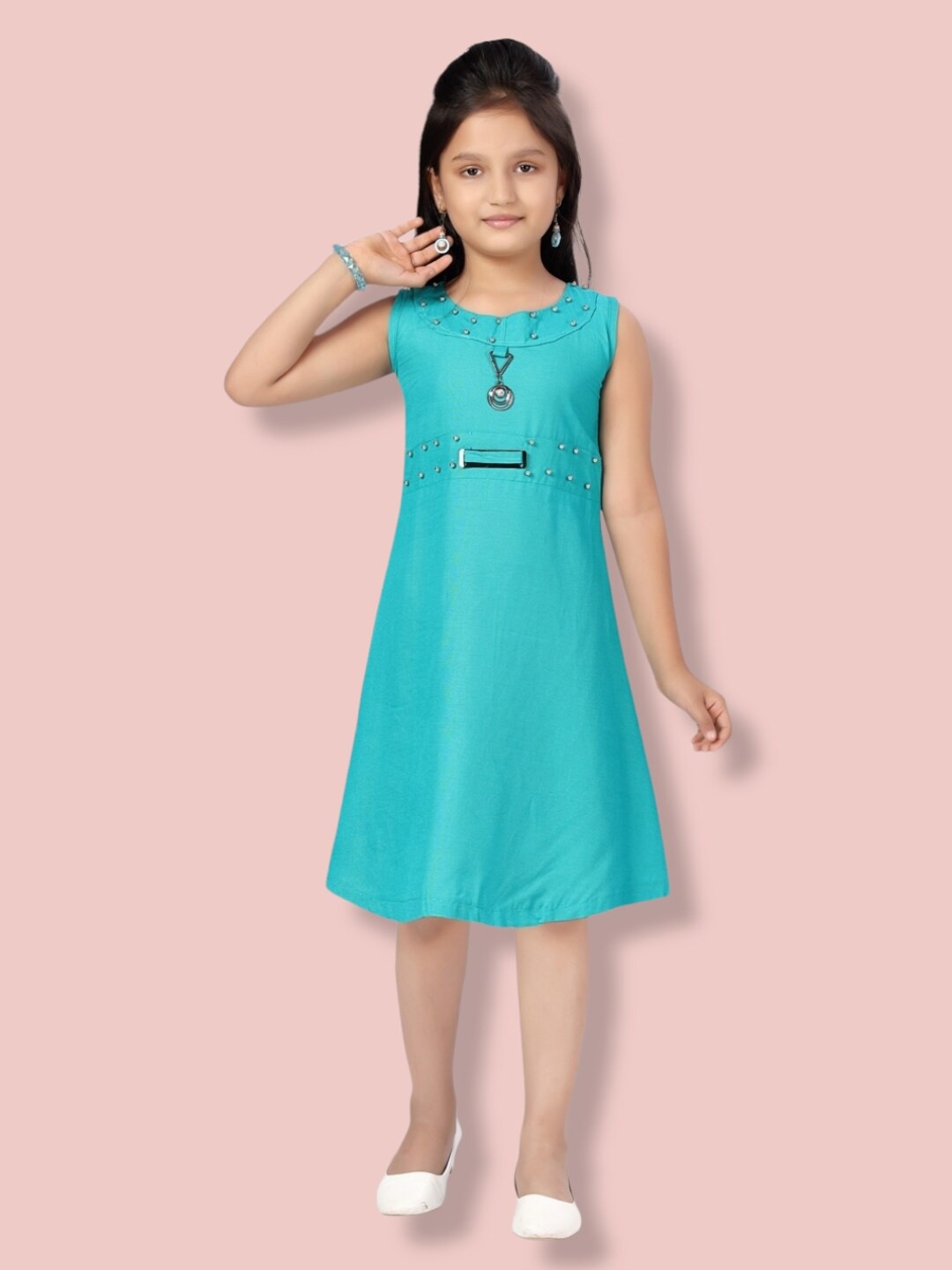 

Aarika Girls Round Neck Sleeveless Cotton A-Line Dress, Turquoise blue
