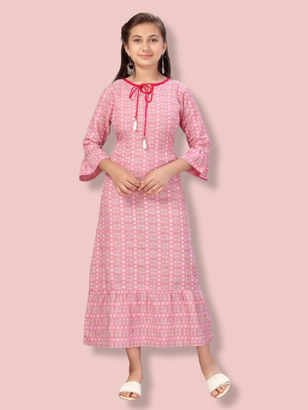 

Aarika Girls Ethnic Motifs Tie-Up Neck A-Line Midi Cotton Dress, Pink
