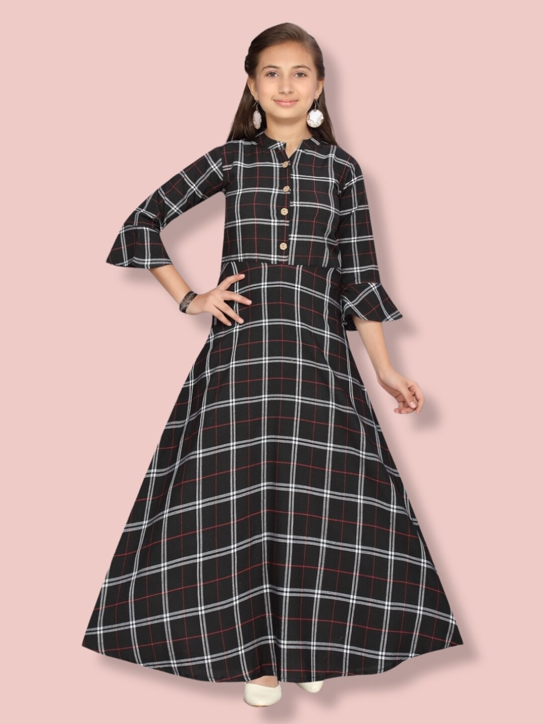 

Aarika Girls Checked Maxi Cotton Dress, Black