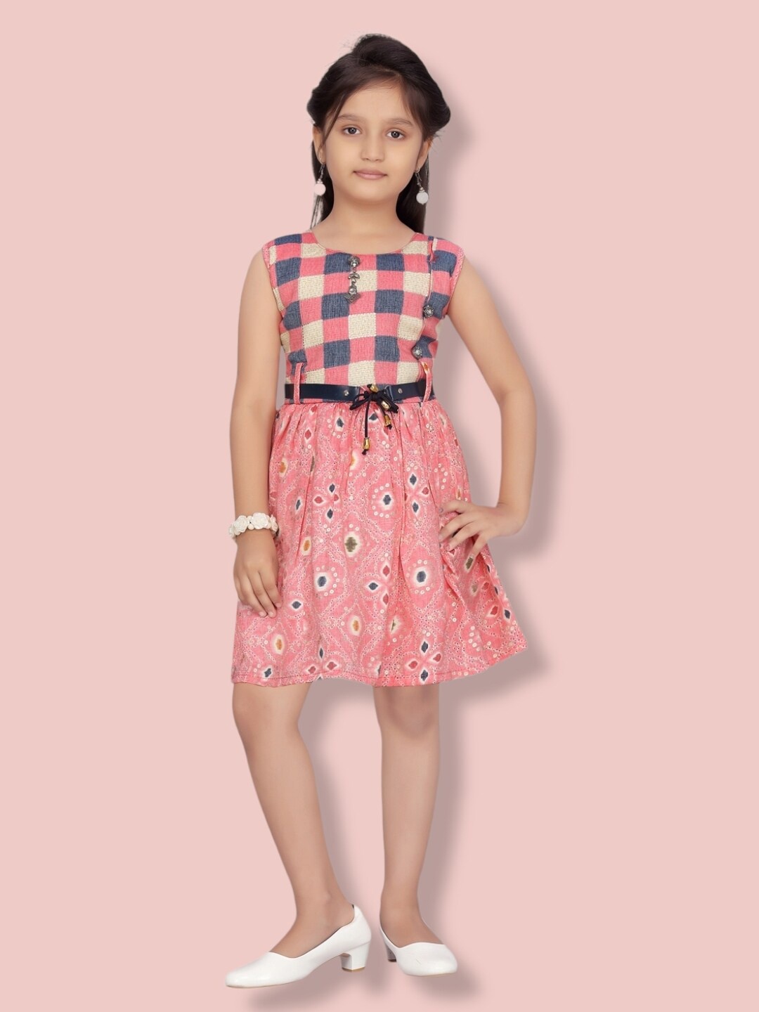 

Aarika Geometric Printed Belted Cotton Fit & Flare Dress, Pink