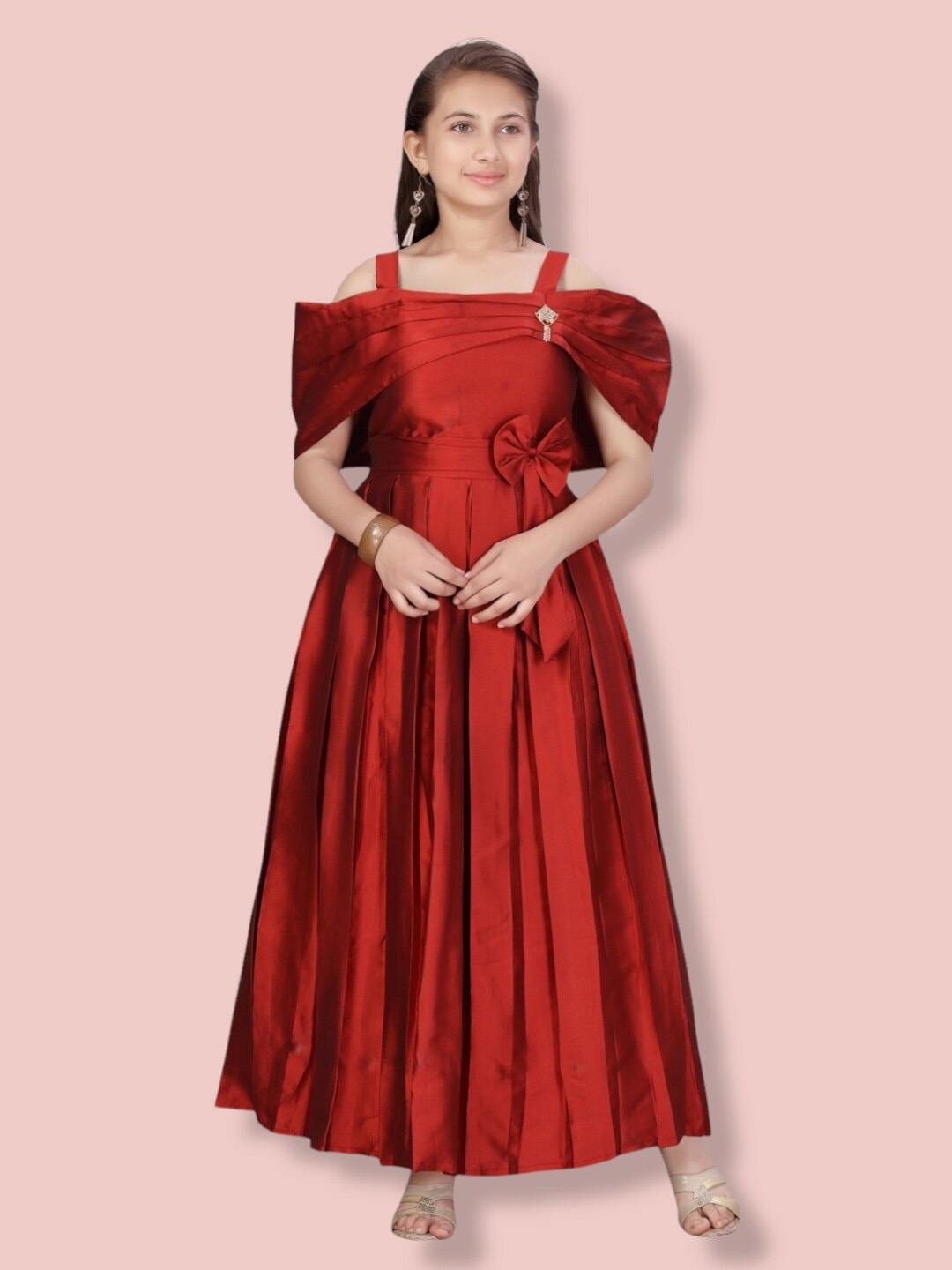 

Aarika Girls Cold Shoulder Maxi Silk Dress, Maroon