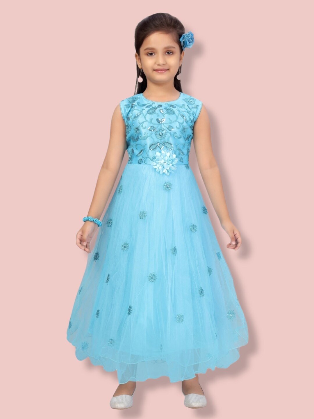 

Aarika Embellished Net Maxi Fit & Flare Dress, Blue