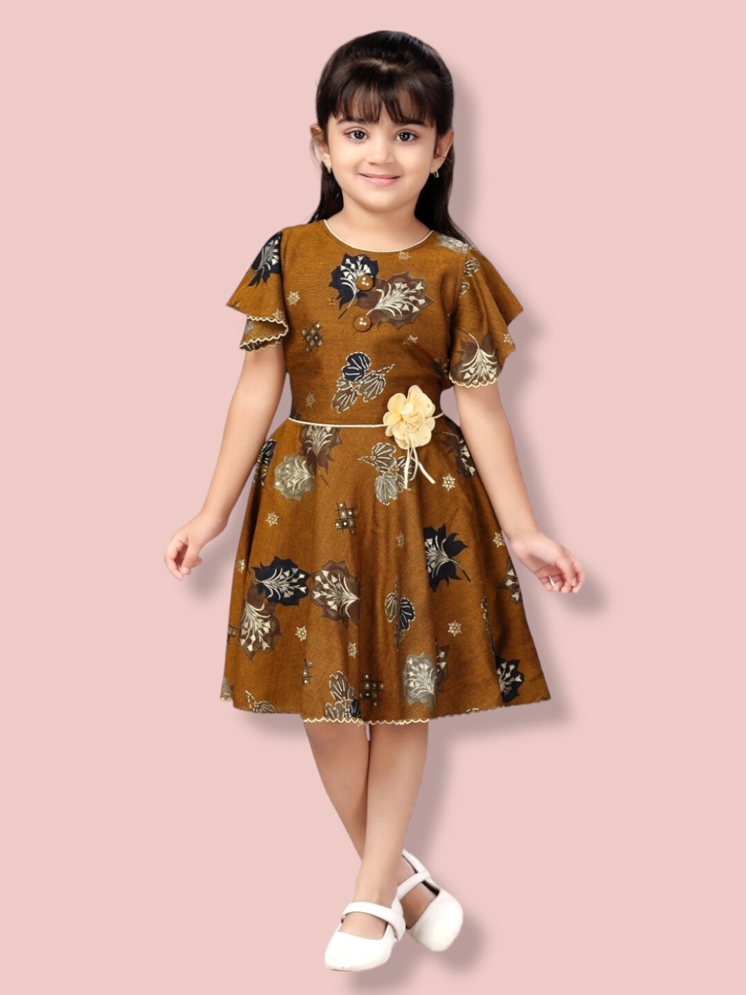 

Aarika Girls Floral Printed Fit And Flare Cotton Dress, Brown