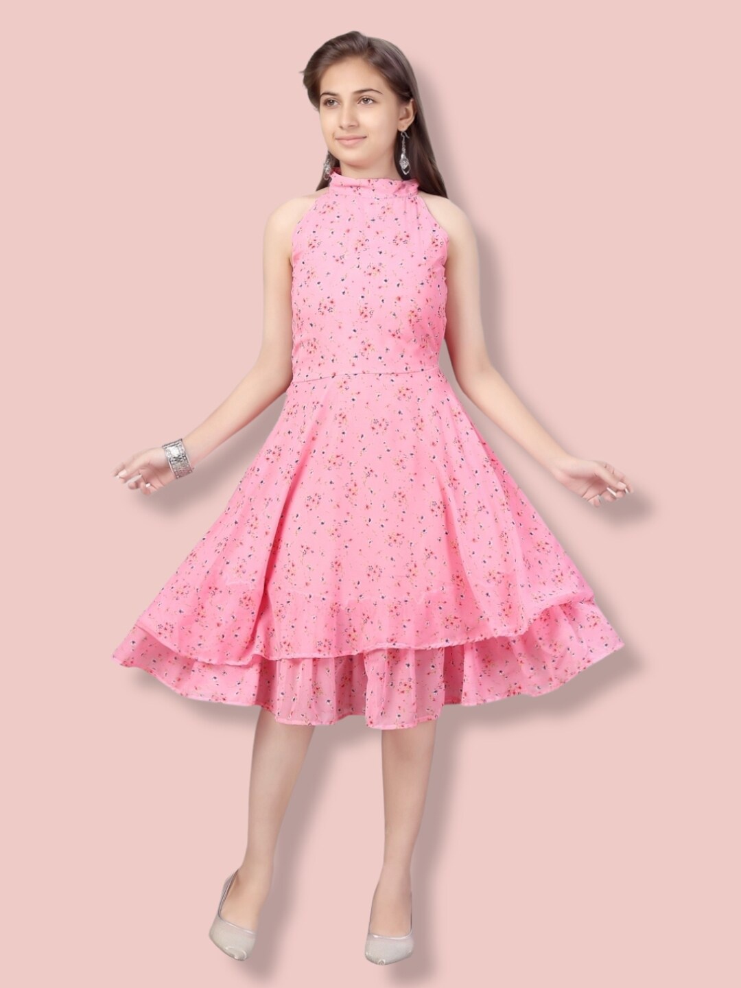 

Aarika Floral Halter Neck Georgette Dress, Pink