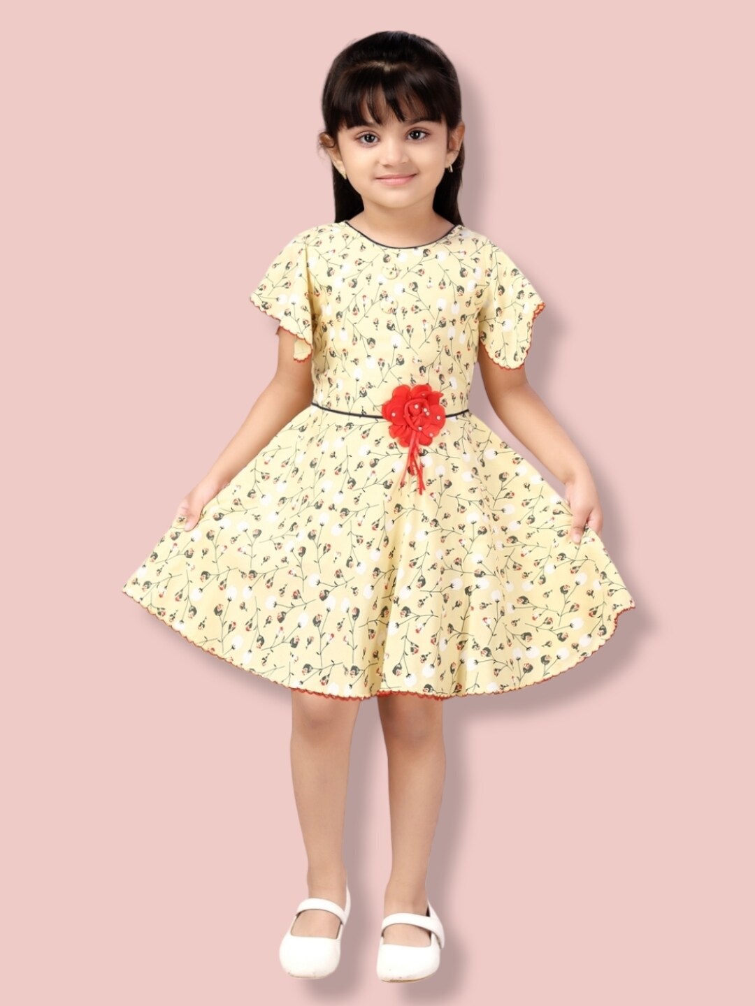 

Aarika Girls Floral Printed Cotton Fit and Flare Dress, Yellow