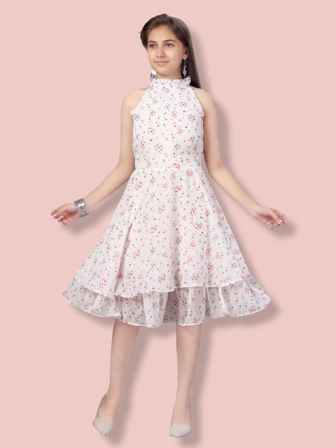 

Aarika Girls Floral Choker Neck Dress, White