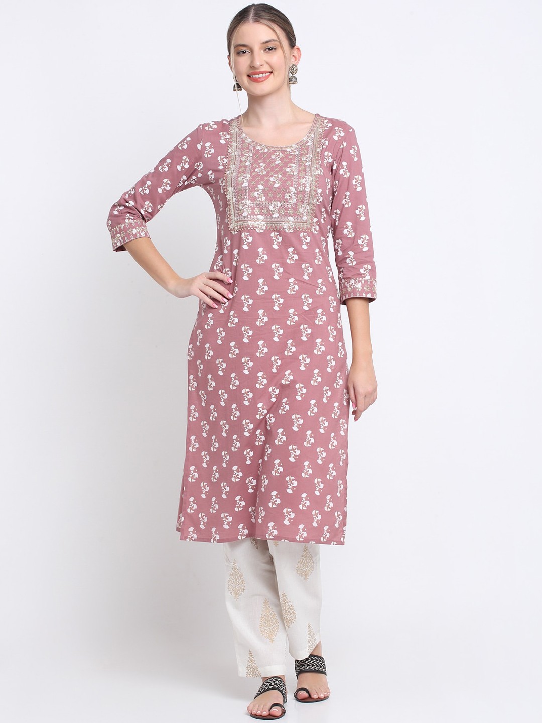 

KALINI Ethnic Motifs Printed Thread Work Pure Cotton Kurta with Trousers, Pink