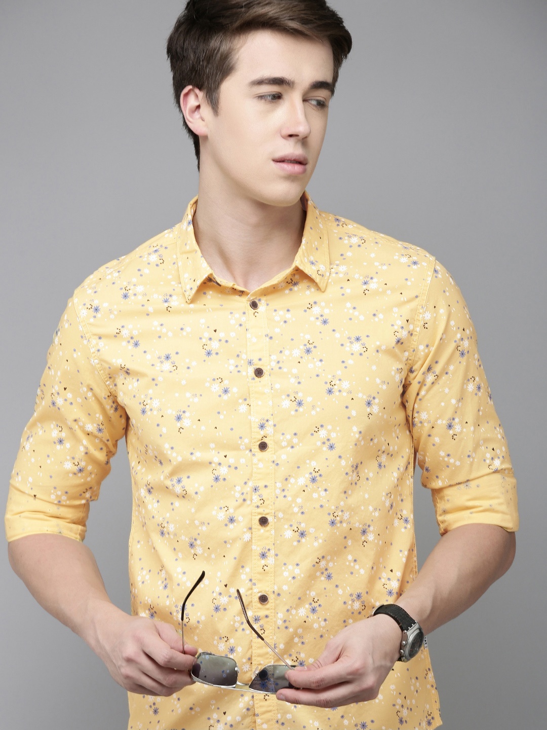 

BEAT LONDON by PEPE JEANS Slim Fit Floral Printed Pure Cotton Casual Shirt, Yellow