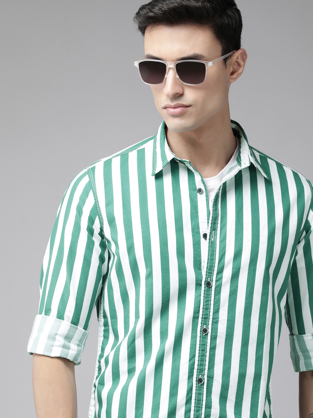 

BEAT LONDON by PEPE JEANS Slim Fit Striped Pure Cotton Casual Shirt, Green