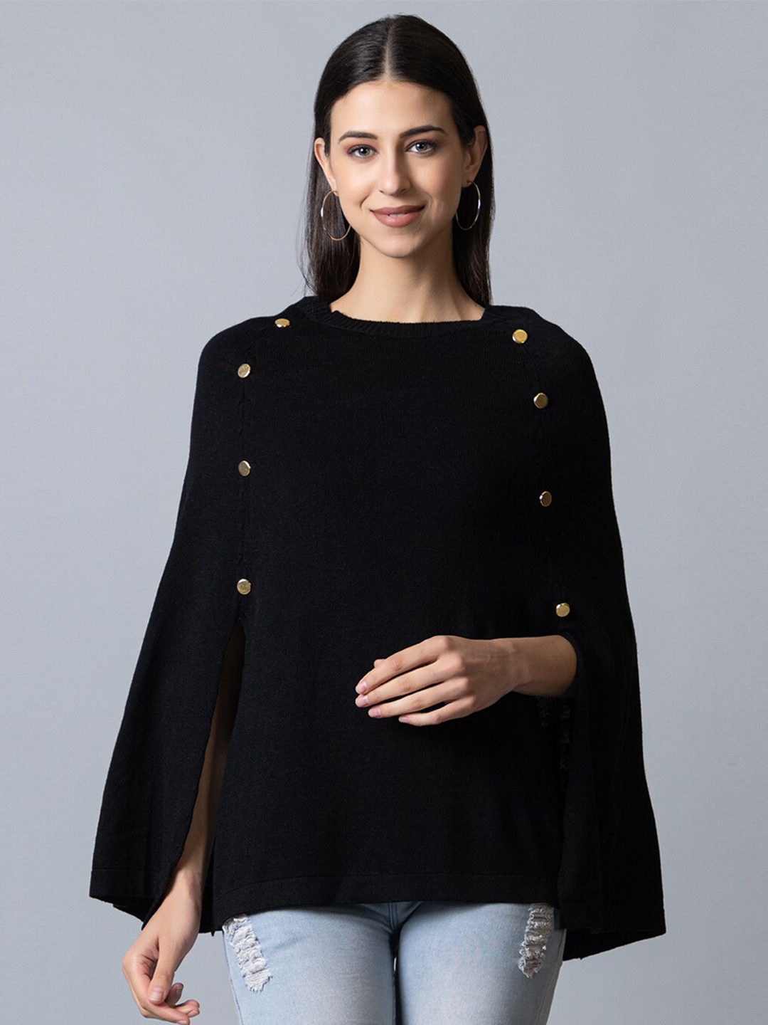 

Club York Women Round Neck Acrylic Poncho, Black