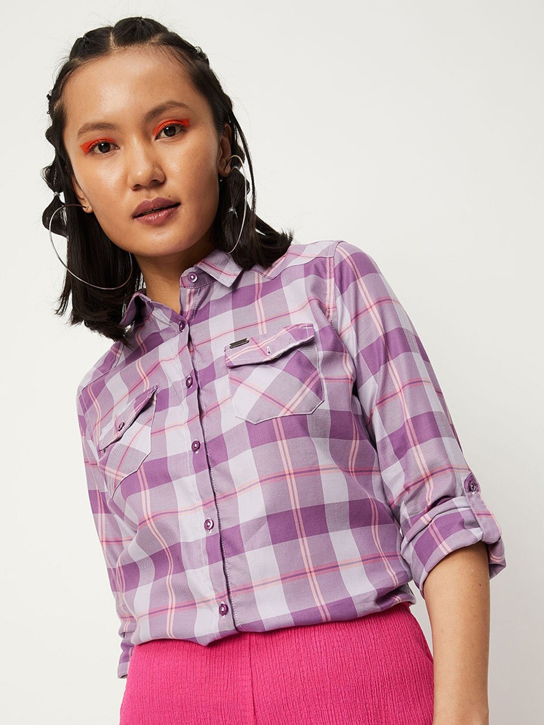 

max Women Tartan Checks Checked Casual Shirt, Purple