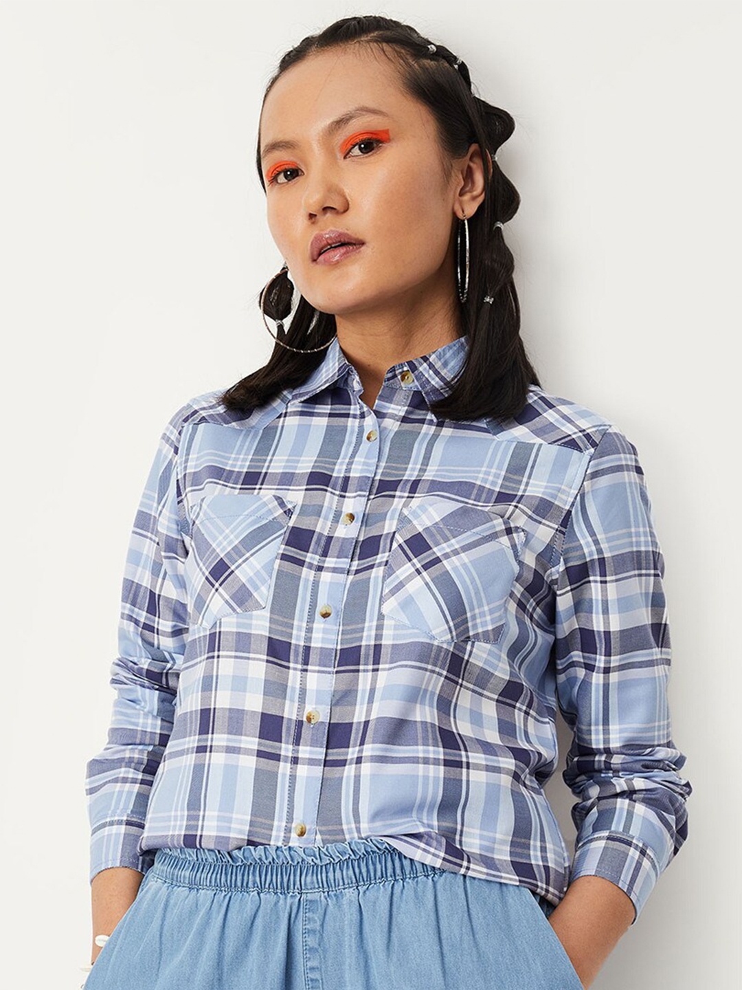 

max Women Tartan Checks Checked Casual Shirt, Blue