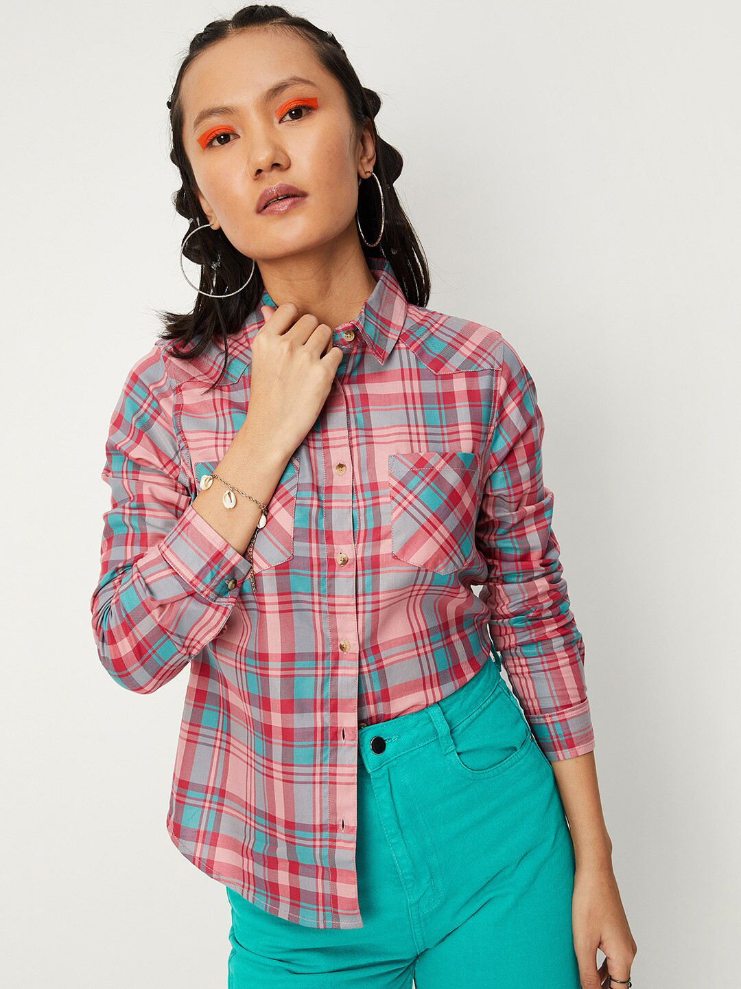 

max Women Tartan Checks Checked Casual Shirt, Pink