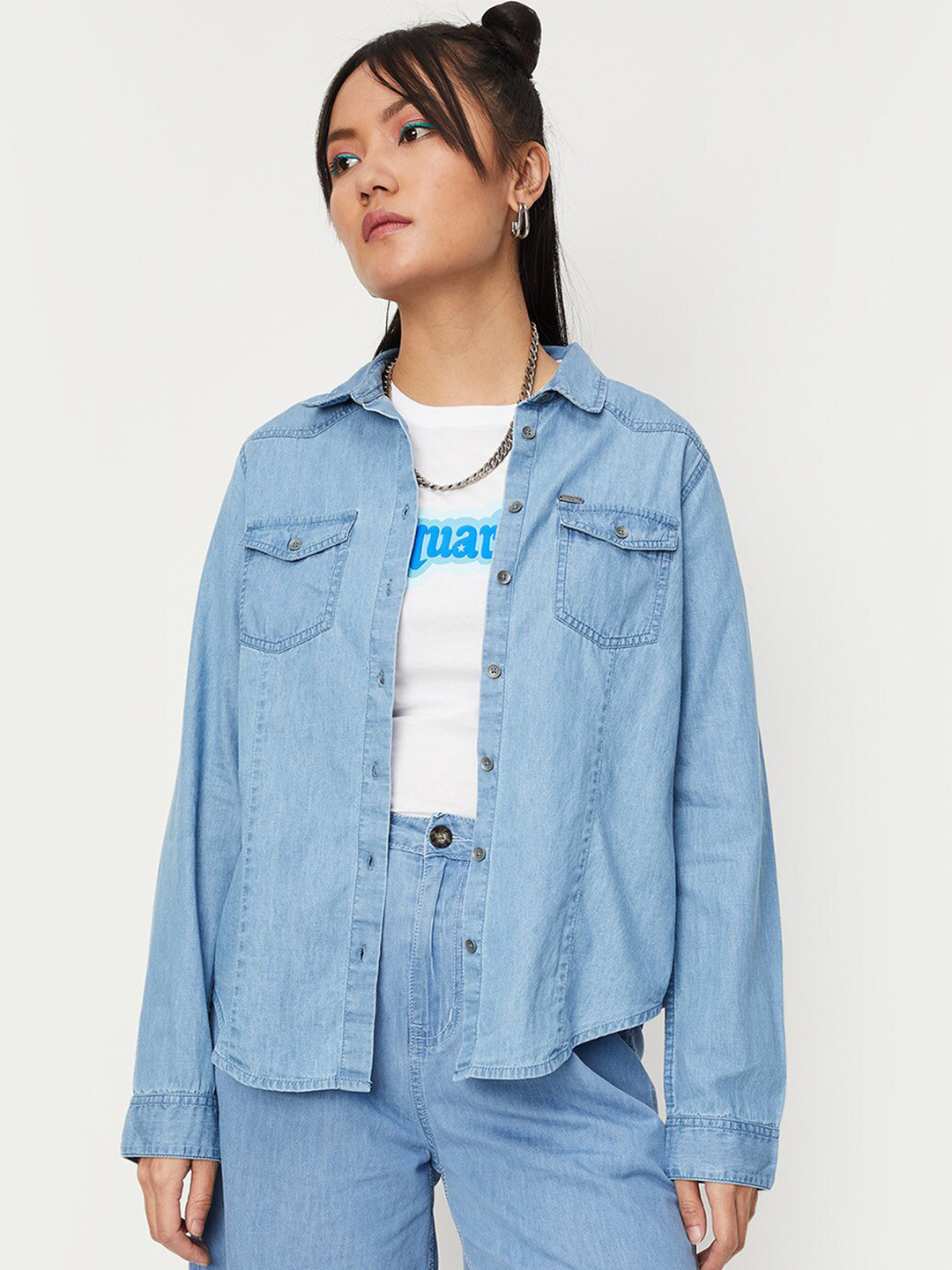 

max Women Casual Cotton Shirt, Blue