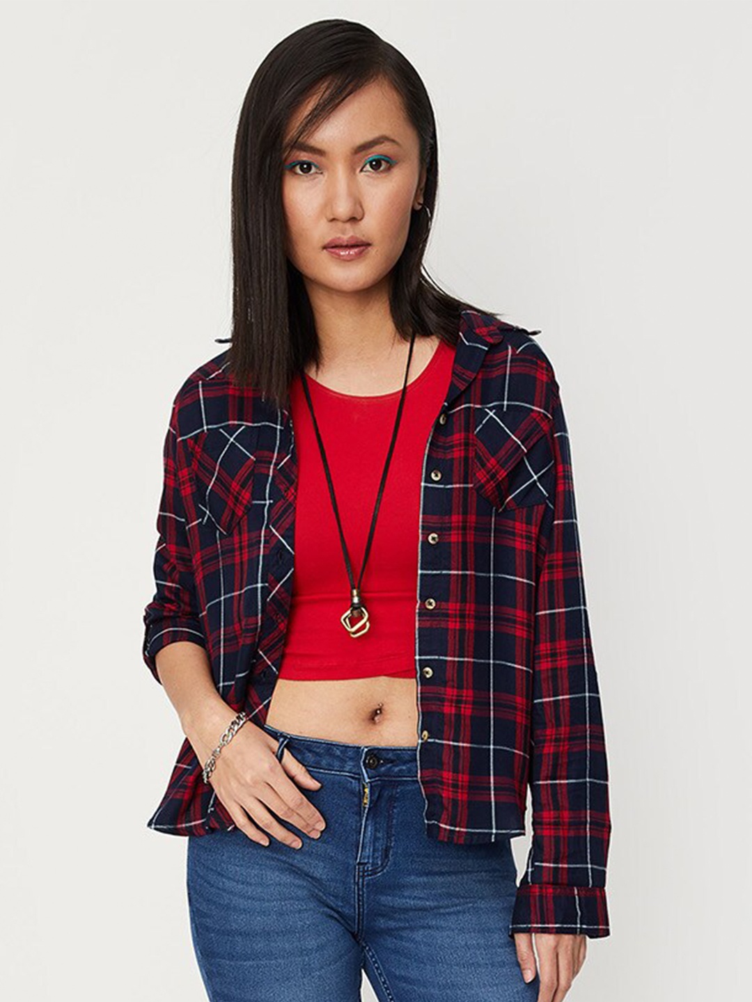 

max Women Tartan Checks Checked Casual Shirt, Red