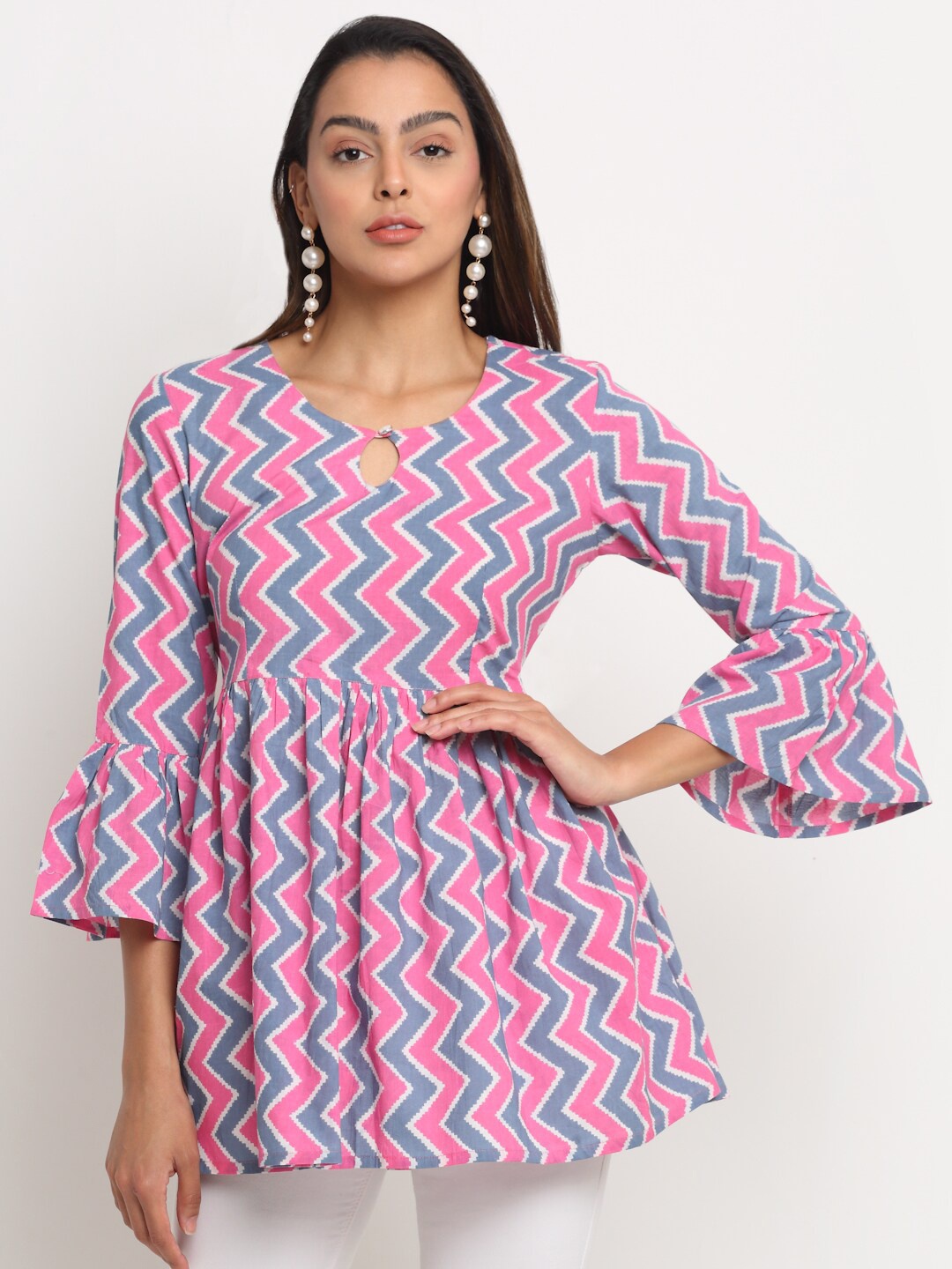 

KALINI Print Keyhole Neck Longline Cotton Top, Pink