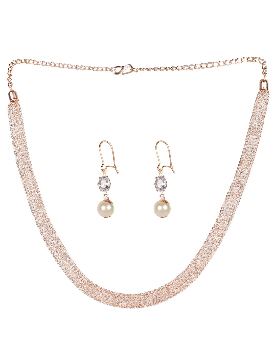 

MAD CLUB SOHI Rose Gold-Plated AD Studded & Beaded Floral Design Necklace with Earrings