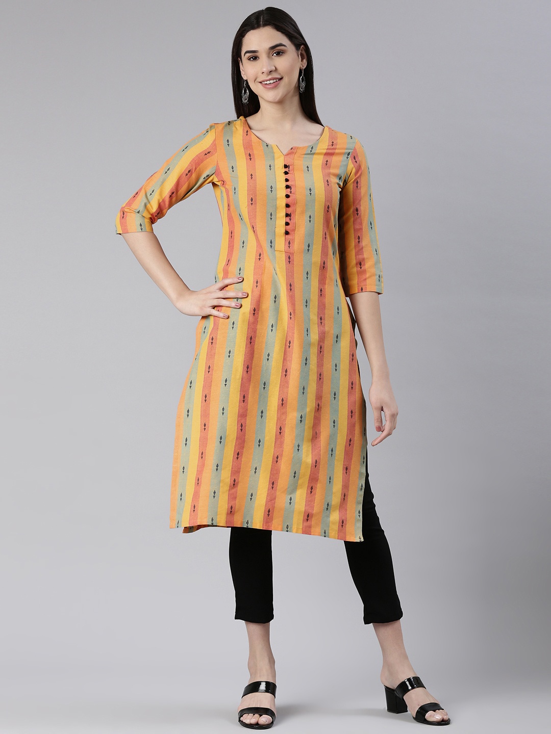 

KALINI Women Woven Design Striped Straight Kurta, Yellow