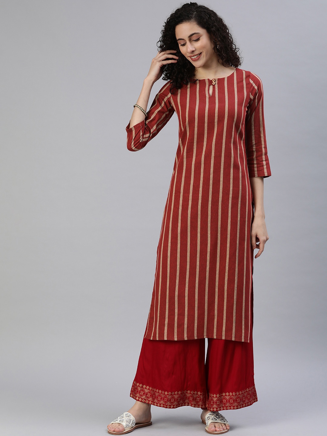 

KALINI Women Striped Keyhole Neck Kurta, Maroon