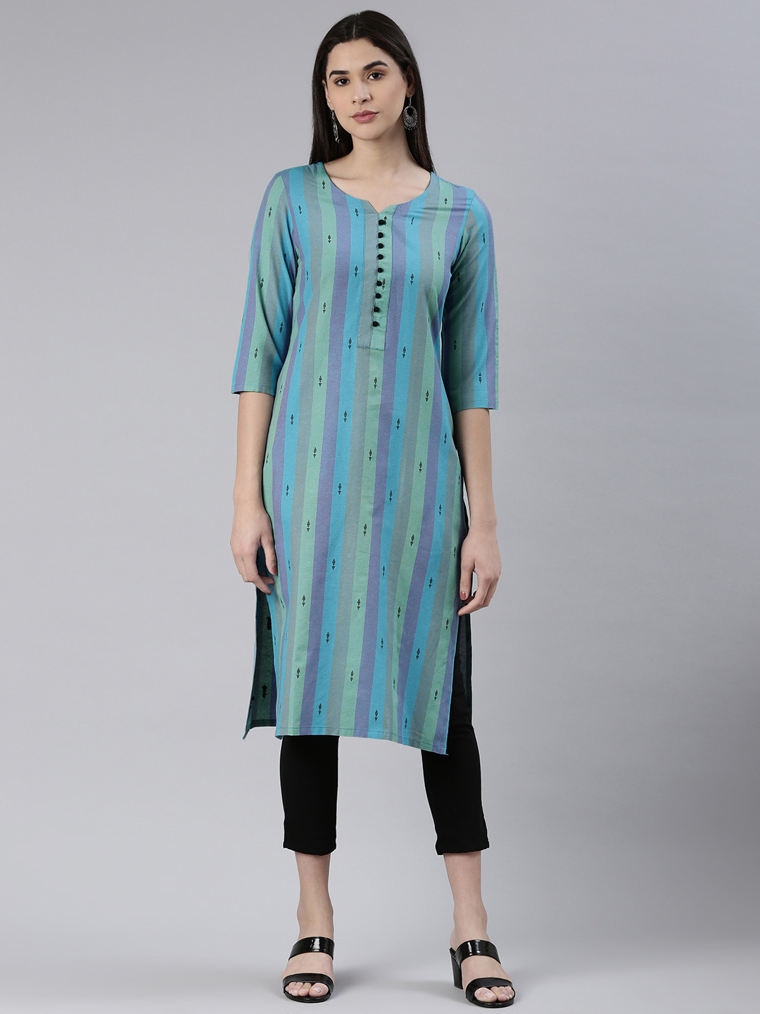 

KALINI Women Woven Design Striped Straight Kurta, Blue
