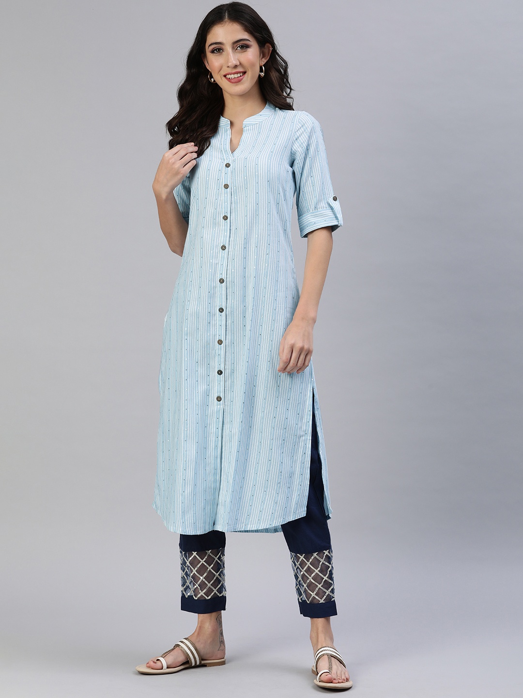 

KALINI Women Sequins Striped Straight Kurta, Blue