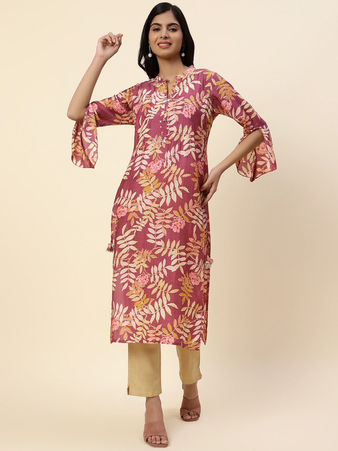 

Meena Bazaar Floral Printed Flared Sleeves Kurta, Rust