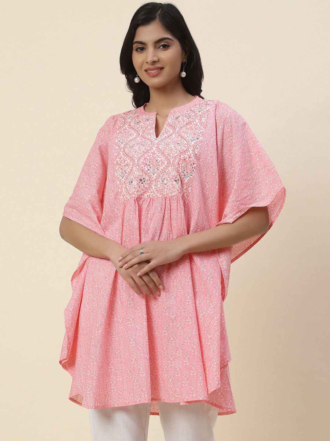 

Meena Bazaar Floral Printed Notch Collar Kaftan Cotton Kurta, Pink