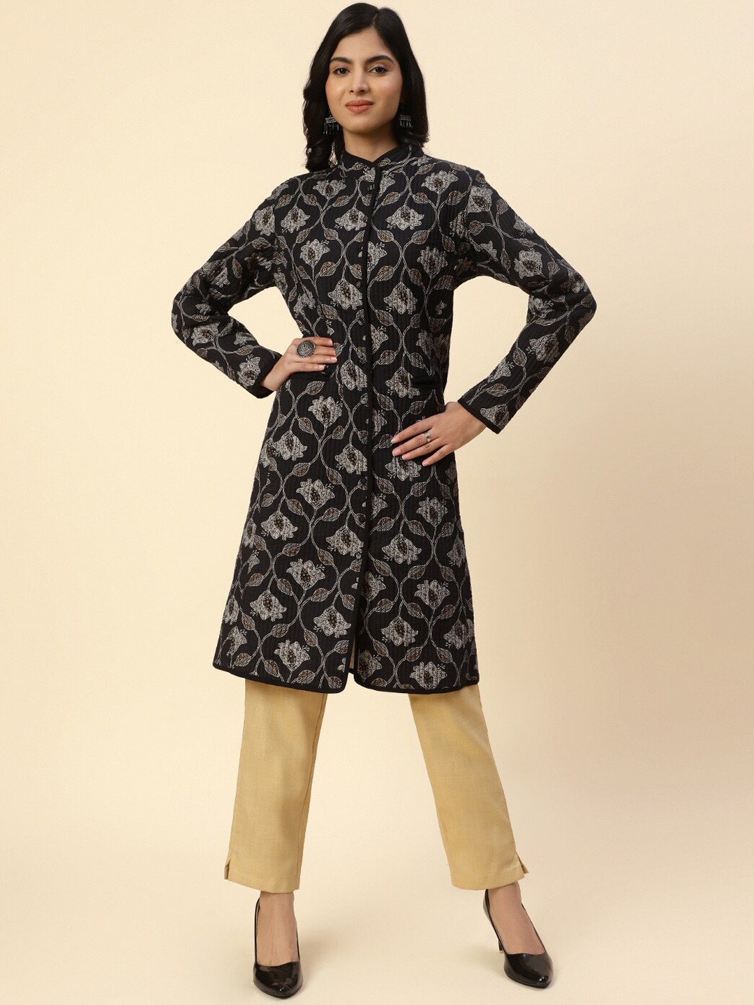 

Meena Bazaar Women Mandarin Collar Floral Printed Thread Work Cotton Kurta, Black