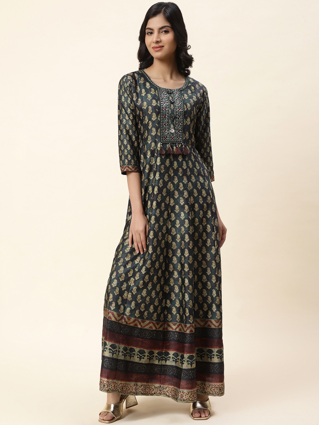 

Meena Bazaar Ethnic Motifs Anarkali Art Silk Kurta, Green