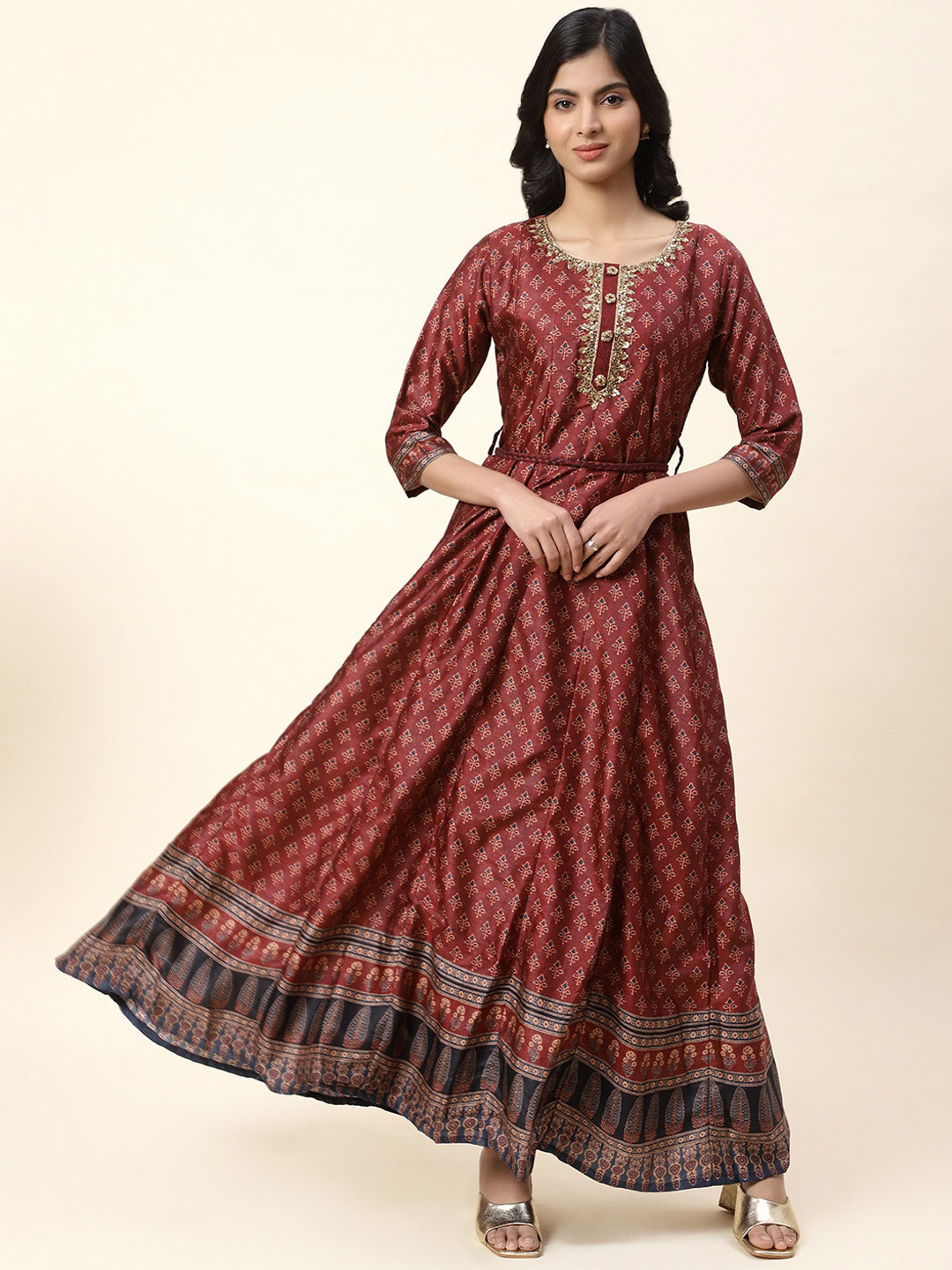 

Meena Bazaar Ethnic Motifs Printed Anarkali Art Silk Kurta, Maroon