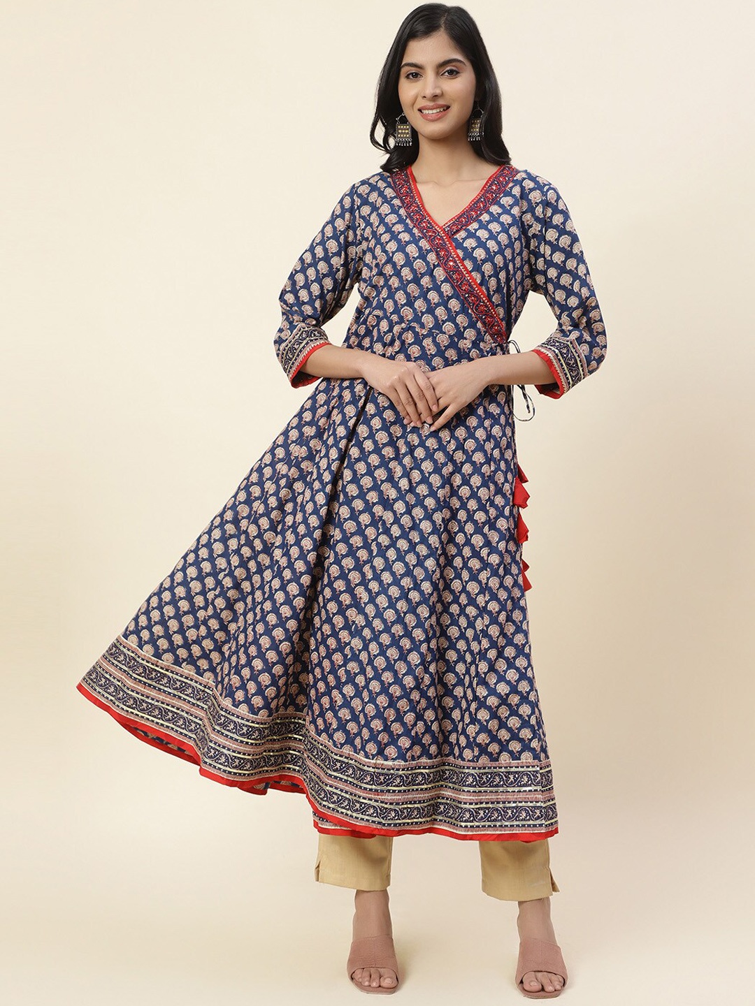 

Meena Bazaar Women Paisley Printed Flared Sleeves Cotton Anarkali Kurta, Blue