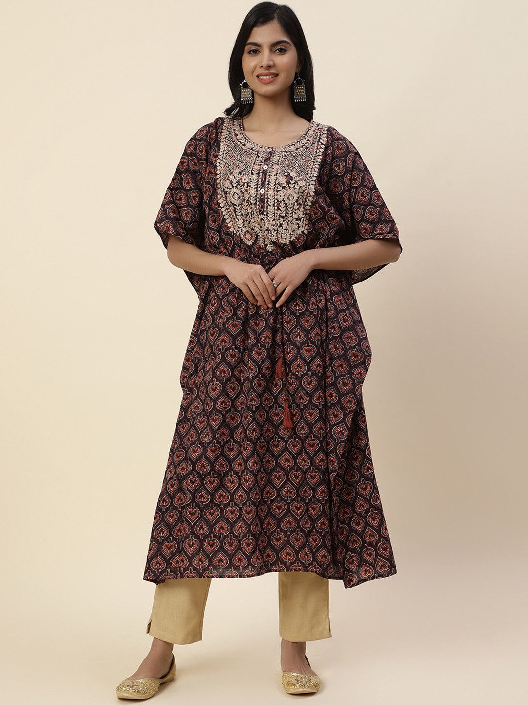 

Meena Bazaar Women Ethnic Motifs Printed Cotton Thread Work Kaftan Kurta, Brown