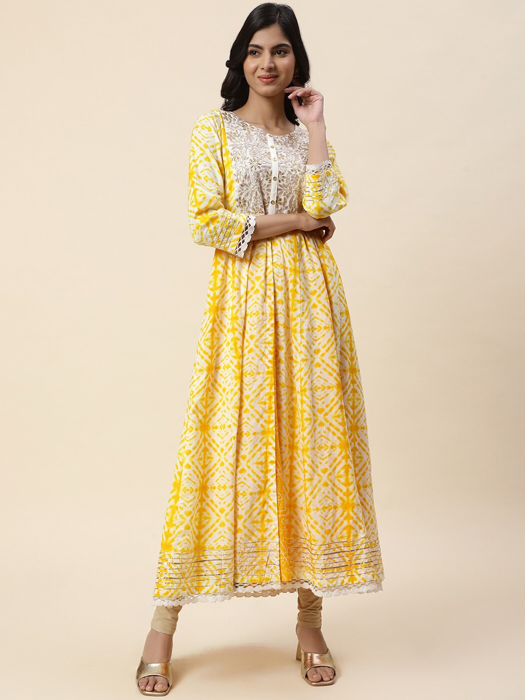 

Meena Bazaar Ethnic Motifs Printed Thread Work Anarkali Kurta, Mustard