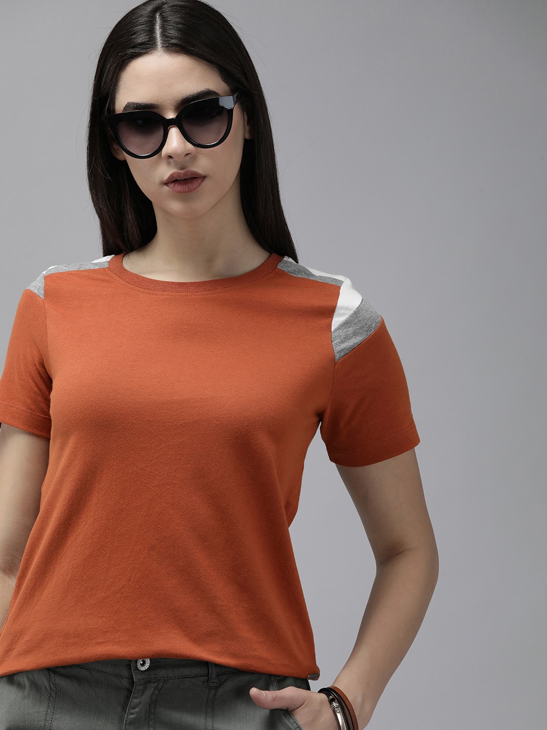 

Roadster Women Colourblocked T-shirt, Rust