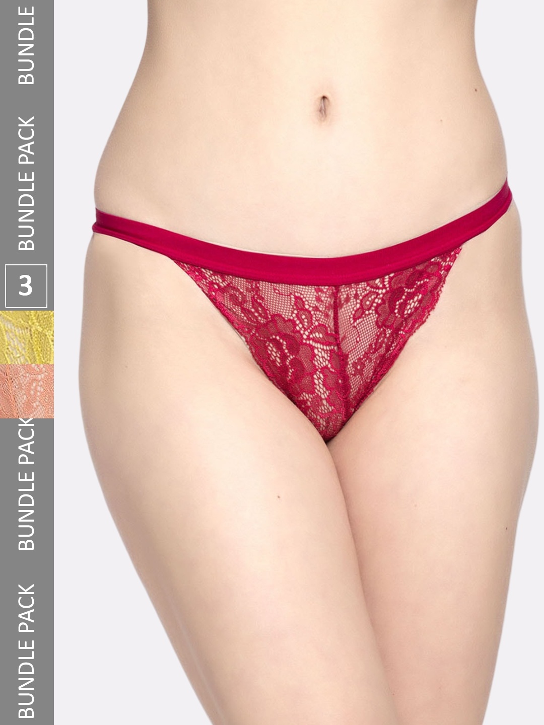 

PrettyCat Women Pack Of 3 Self-Design Lace Low-Rise Thong Briefs PC-PA-6023, Red