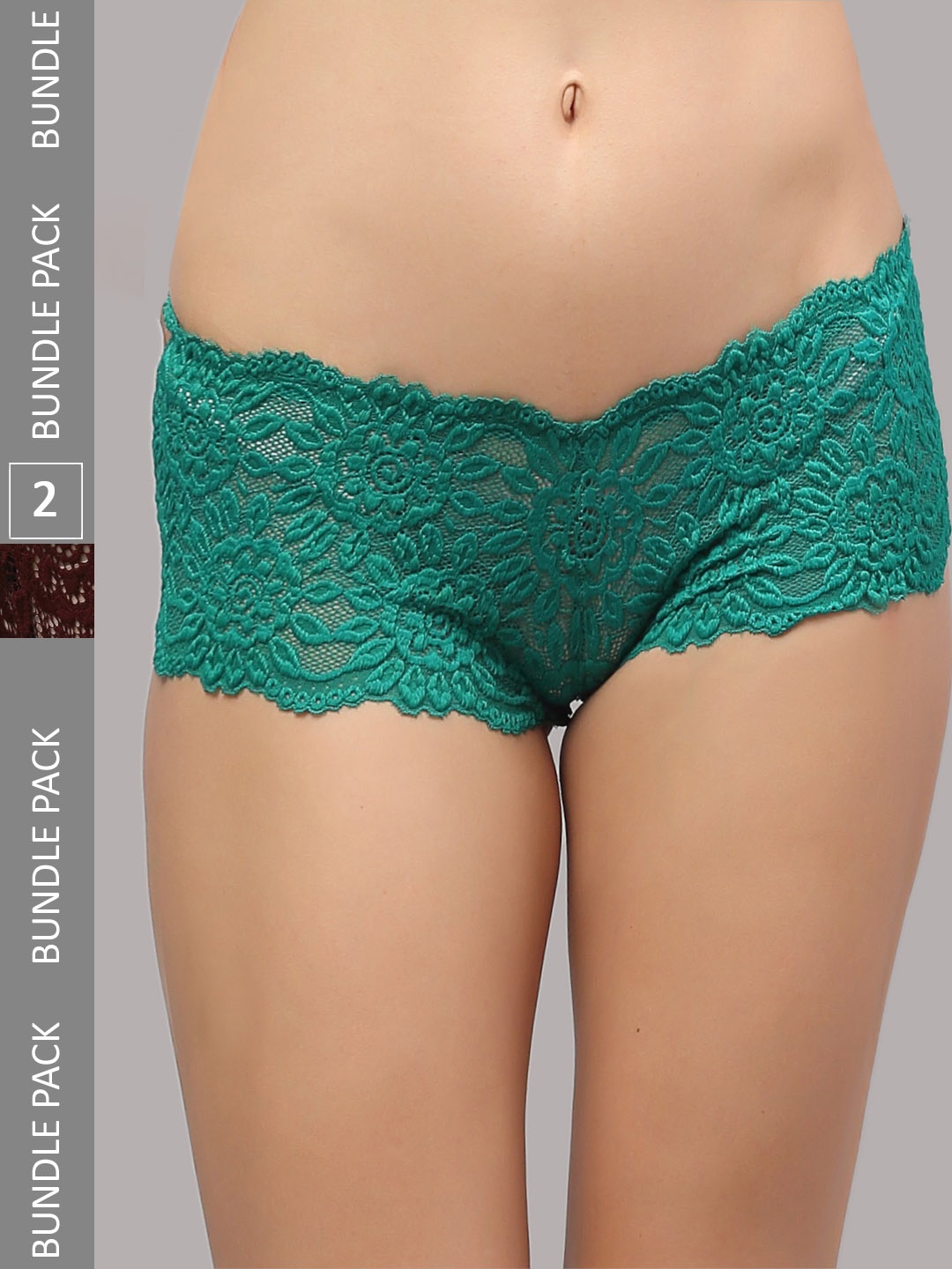 

PrettyCat Women Pack Of 2 Self Design Lace Boy Shorts Briefs PC-PA-6028, Green