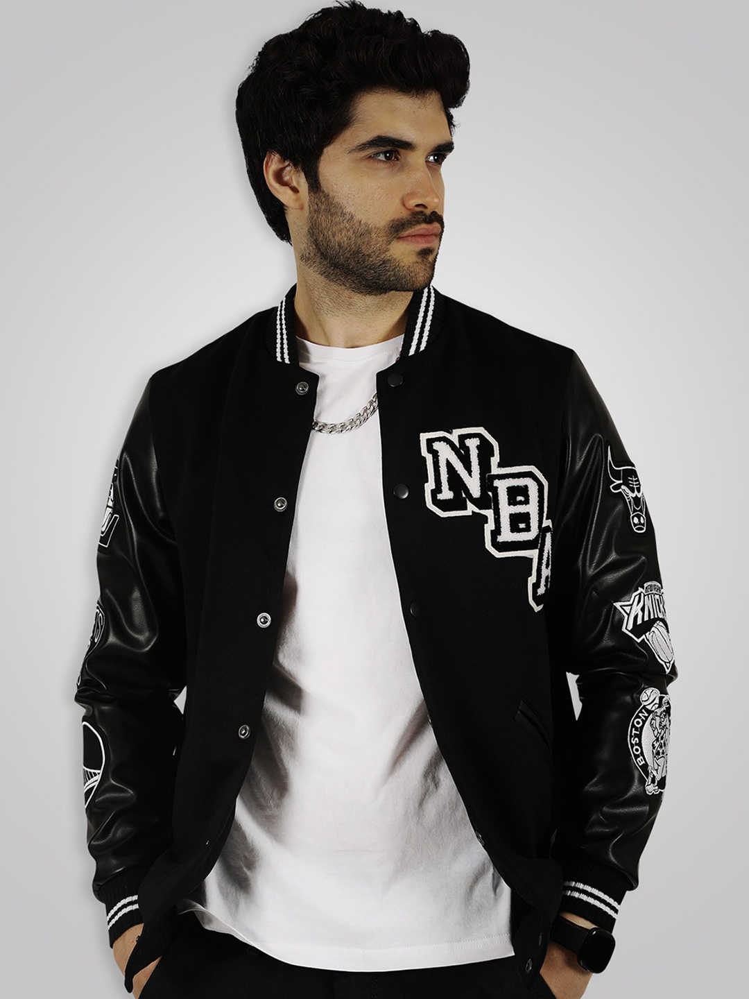 

NBA Men Printed Long Sleeves Varsity Jacket, Black
