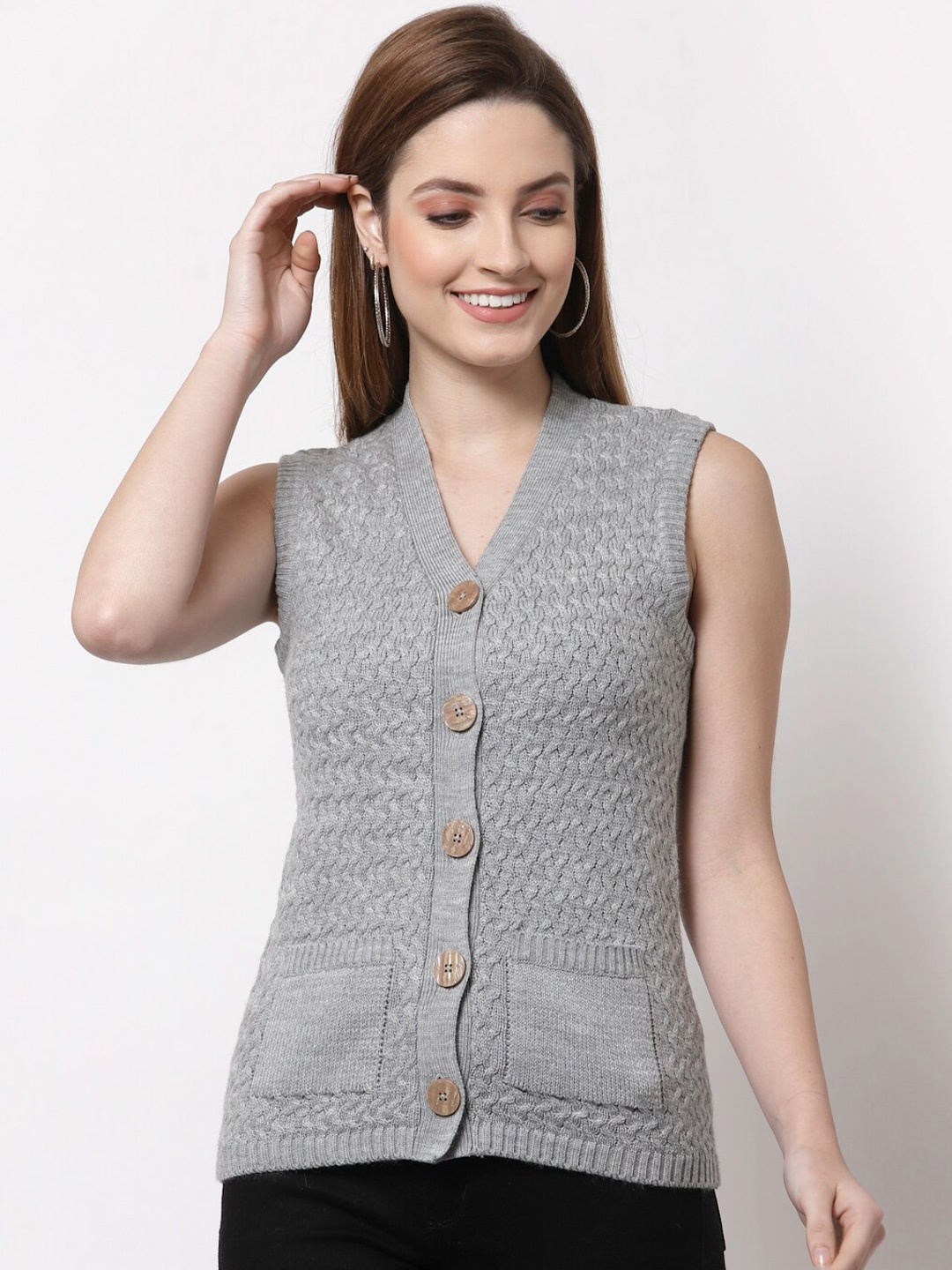 

Kalt Women Grey & Brown Cable Knit Sleeveless Acrylic Cardigan Sweater