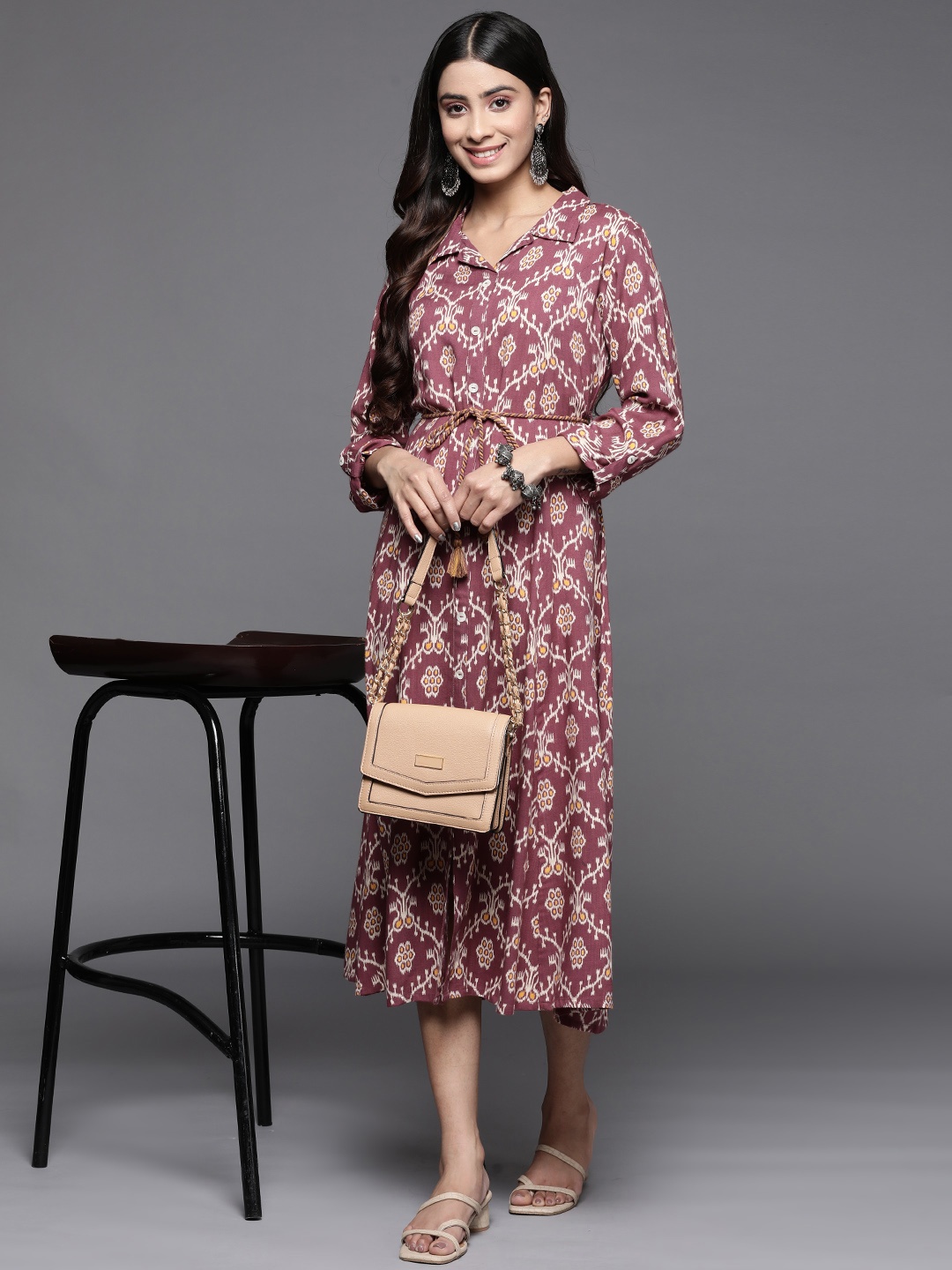 

Varanga Ethnic Motifs A-Line Midi Dress, Burgundy