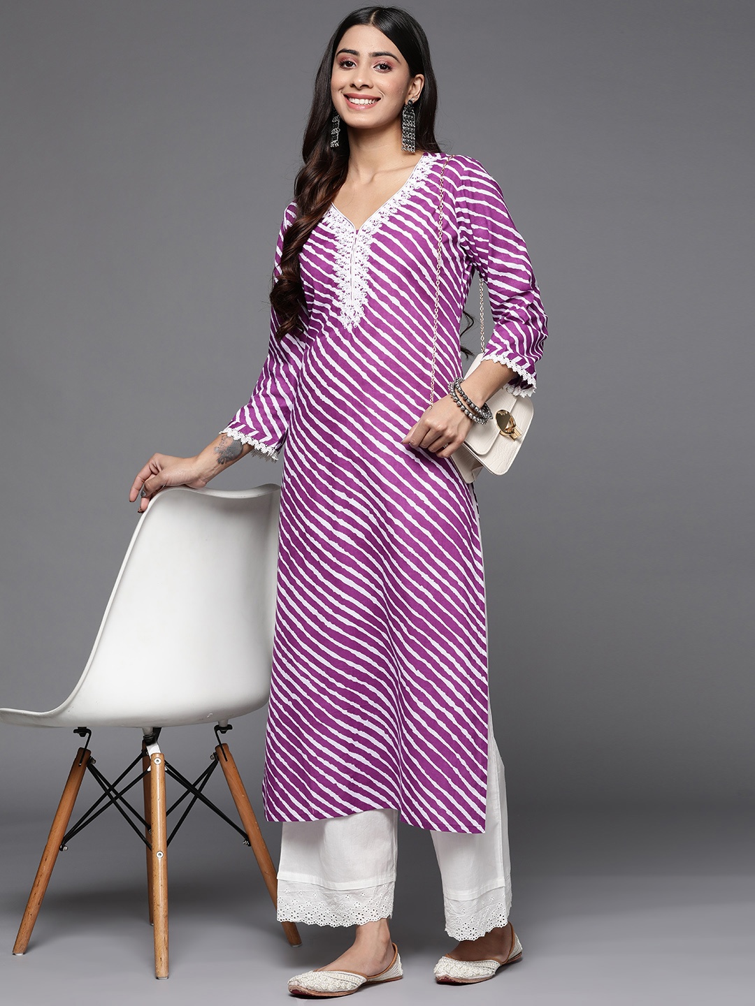 

Varanga Women Leheriya Striped Thread Work Kurta, Purple