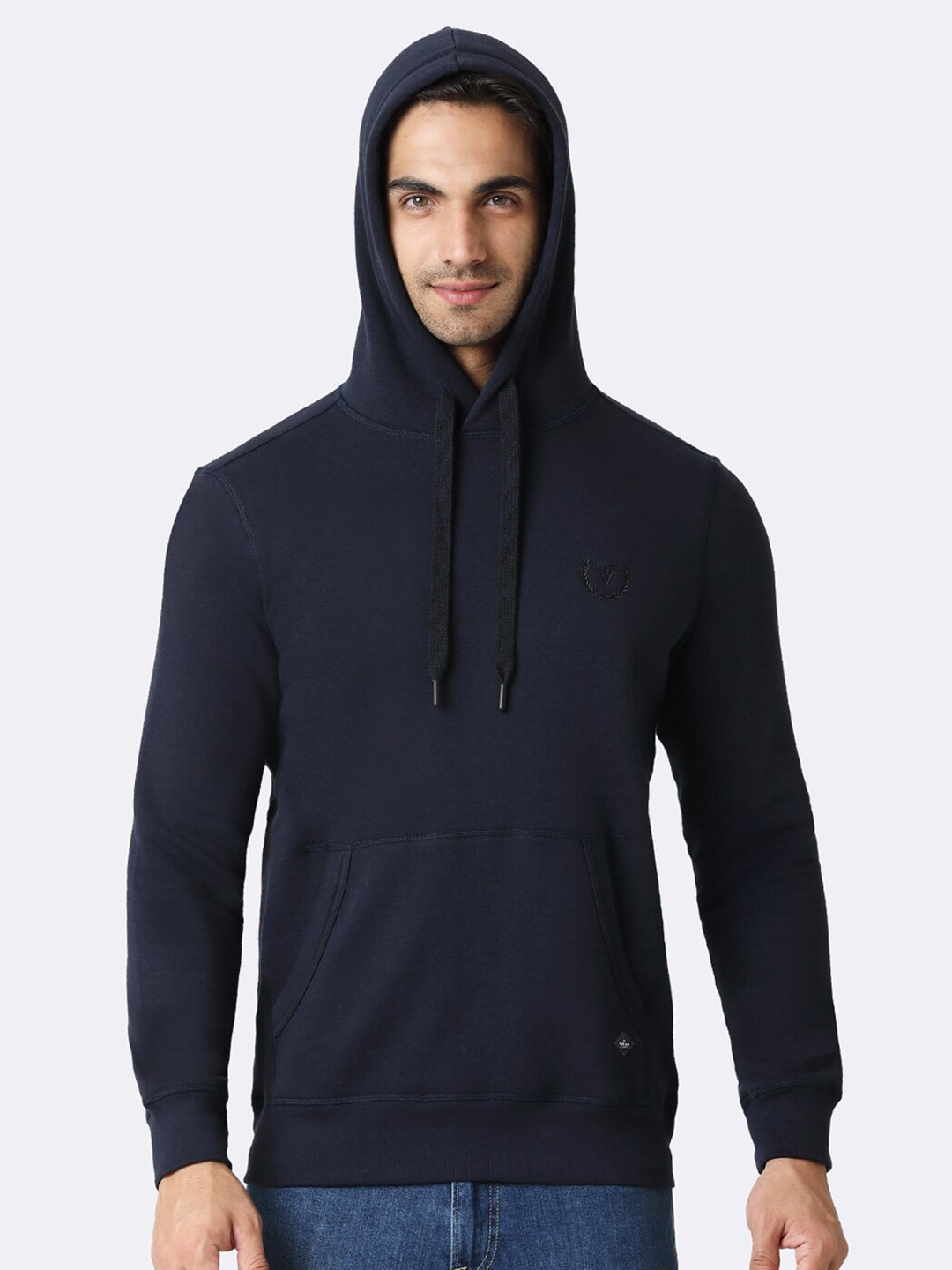 

Van Heusen Men Navy Solid Hooded Neck Media Pocket Sweatshirt, Navy blue