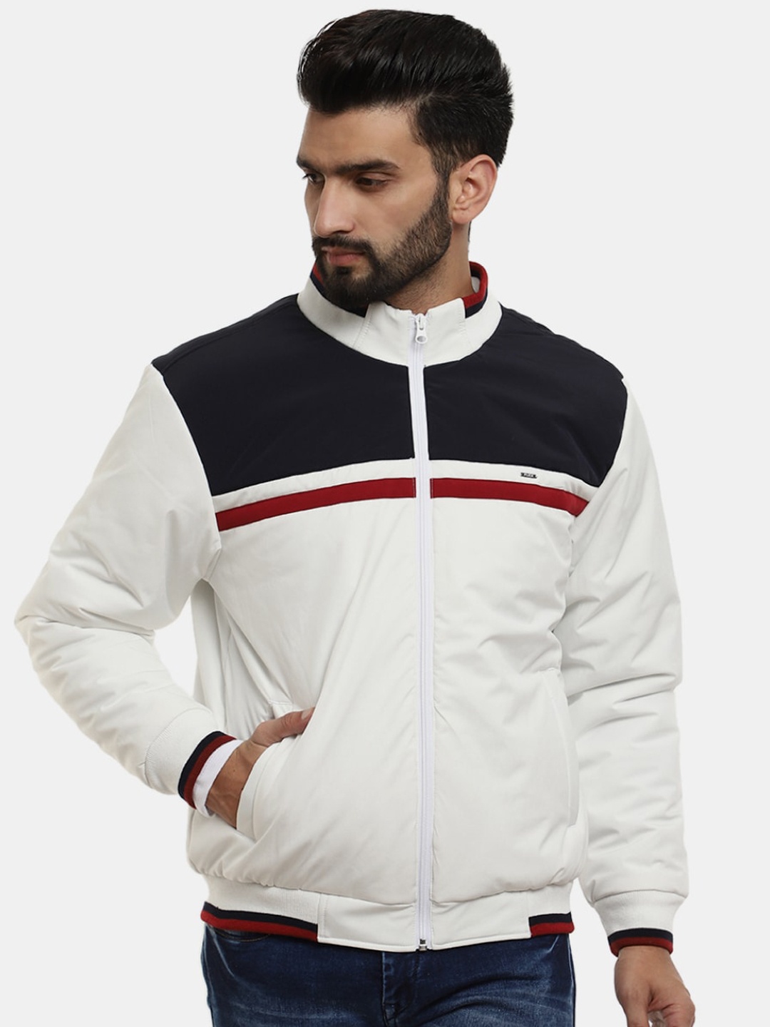 

V-Mart Men Colourblocked Nylon Bomber Jacket, White