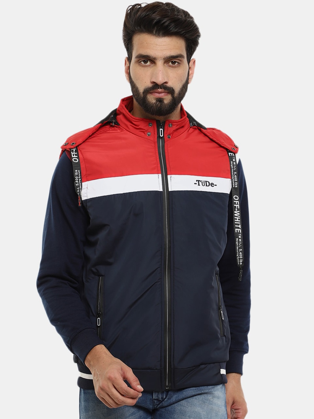 

V-Mart Men Colourblocked Nylon Hooded Bomber Jacket, Navy blue