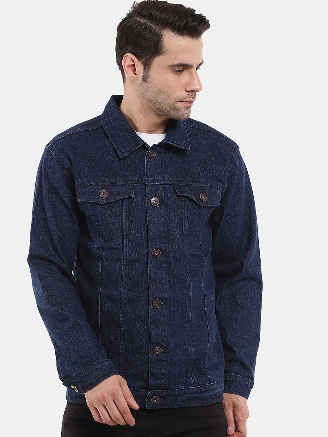 

V-Mart Men Solid Spread Collar Denim Jacket, Navy blue