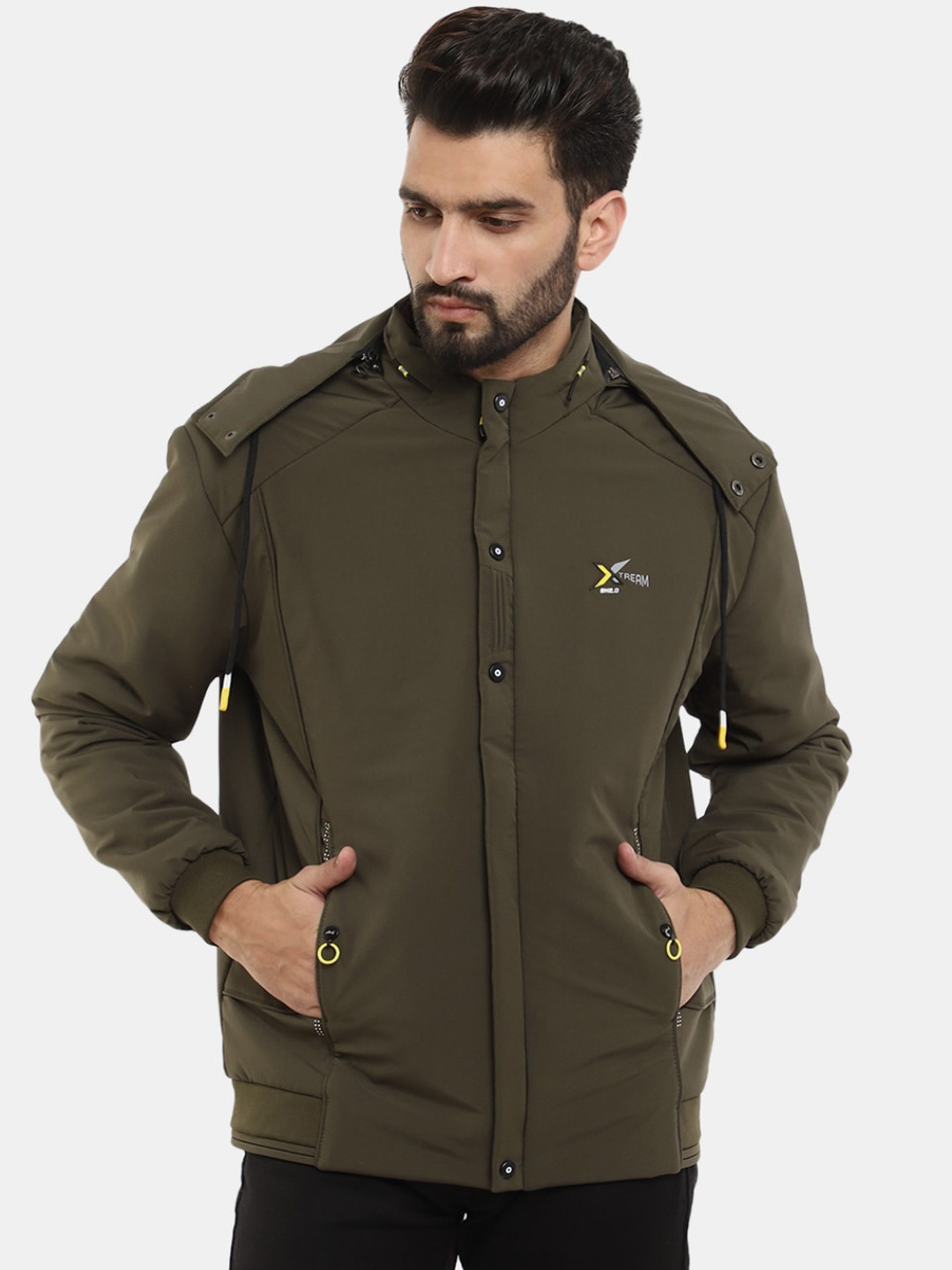 

V-Mart Men Solid Nylon Hooded Bomber Jacket, Olive