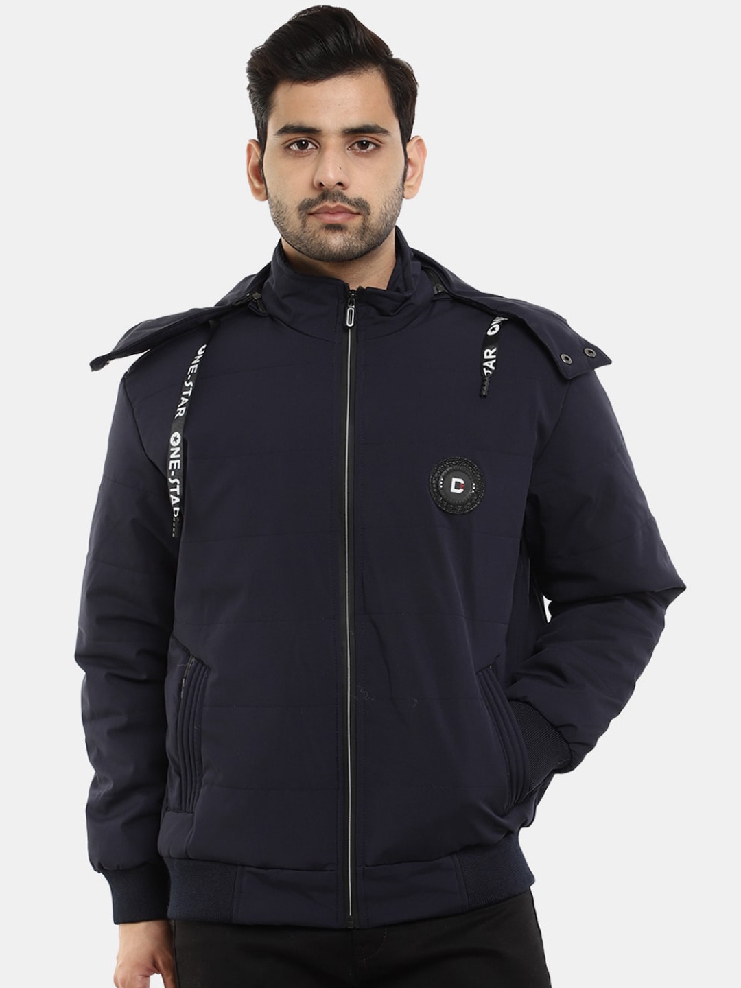 

V-Mart Men Solid Nylon Hooded Bomber Jacket, Navy blue
