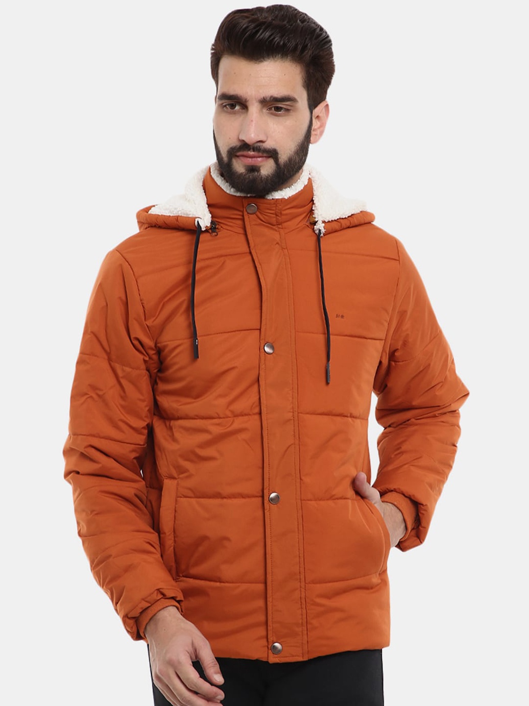 

V-Mart Men Solid Nylon Hooded Parka Jacket, Orange